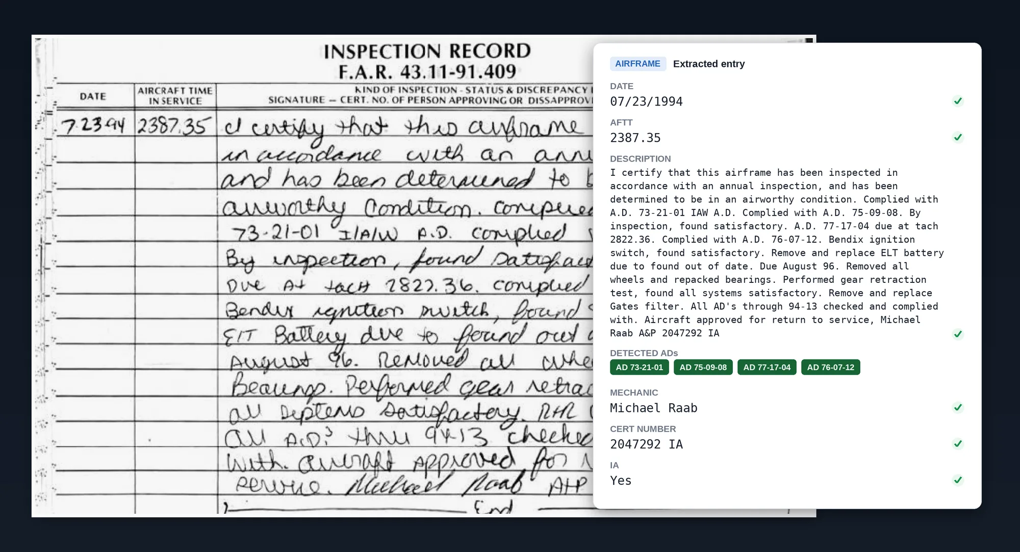 Handwritten 1994 logbook page next to the same entry extracted into a structured digital record in Runup